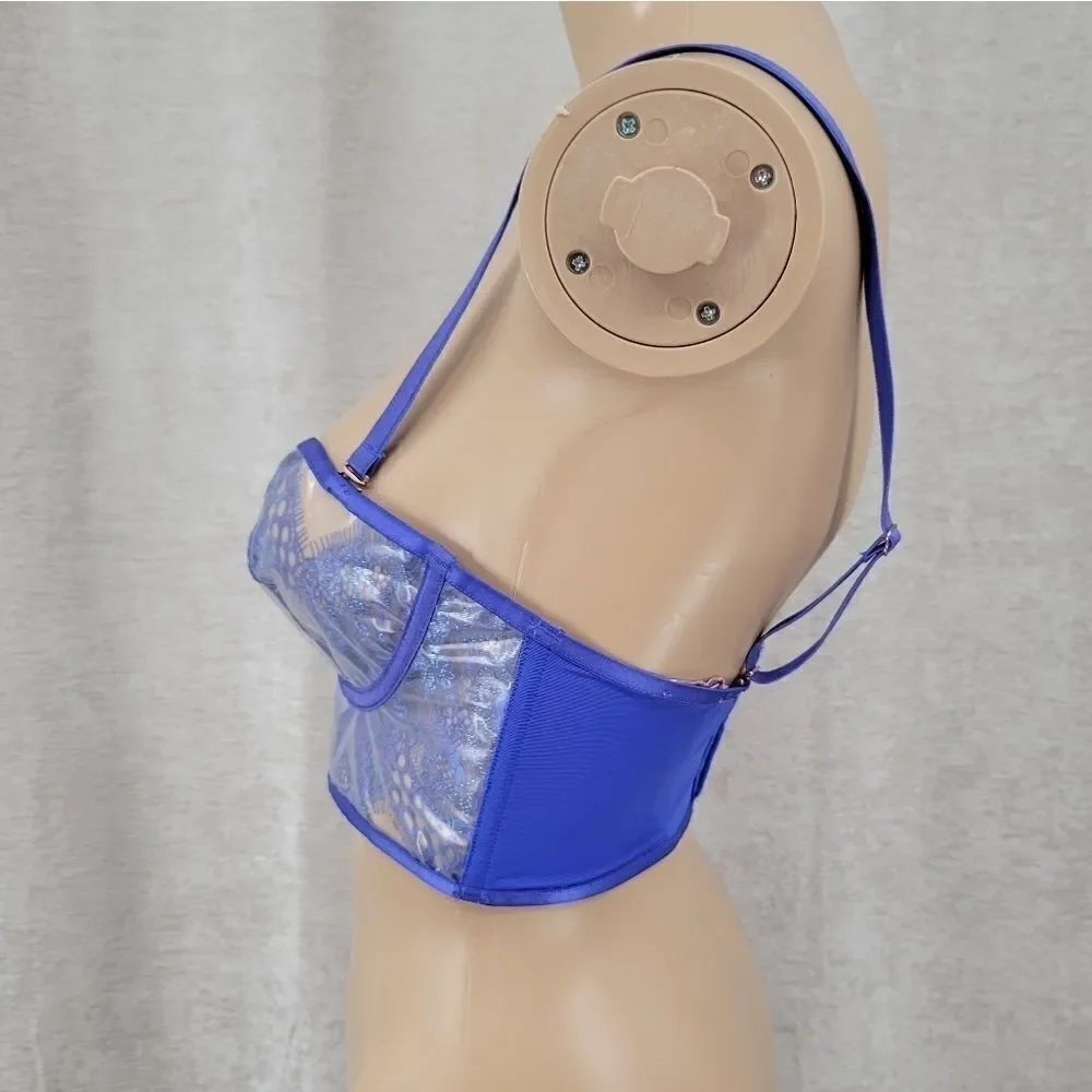 SAVAGE X Royal Blue Bra with Vinyl Cups Lace Bralet Corset Top Women's Small